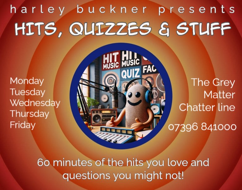Logo of the Hits-Quizzes-Stuff Show with Harley Buckner with details about air times (an accessible version can be found on the programming page).